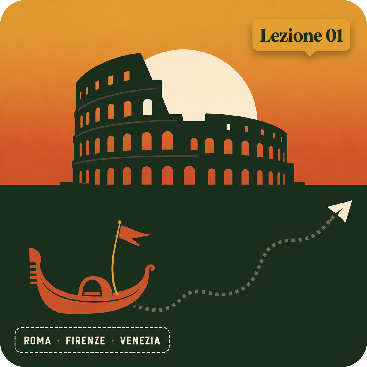 Ilustração do curso: Coliseu ao pôr do sol, gôndola e rota Roma, Firenze e Venezia